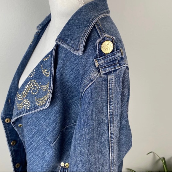 Plus Size 1X Jean Jacket Vintage Bling Zippers Crest Jeans - Picture 10 of 12